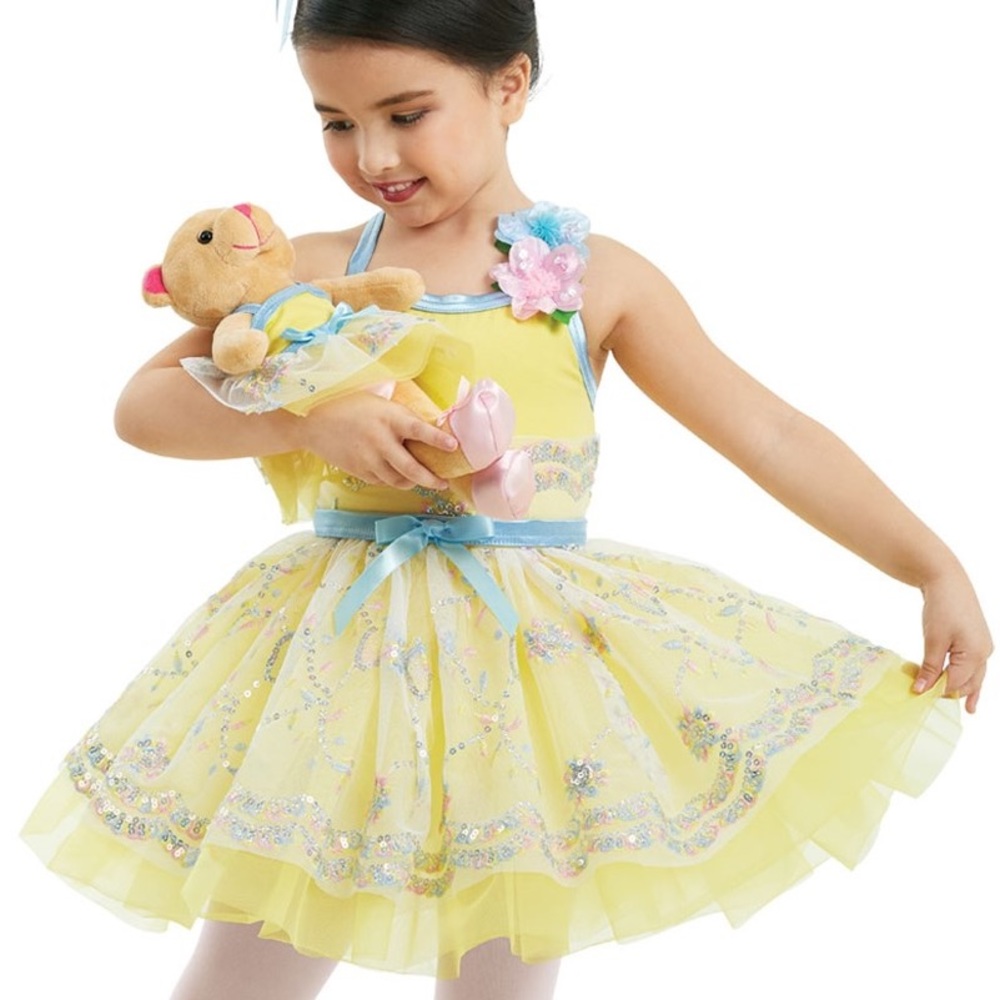 Weissman Dance Solo Yellow & Baby Blue Ballet Costume XS (4T-5T) with Hair Piece